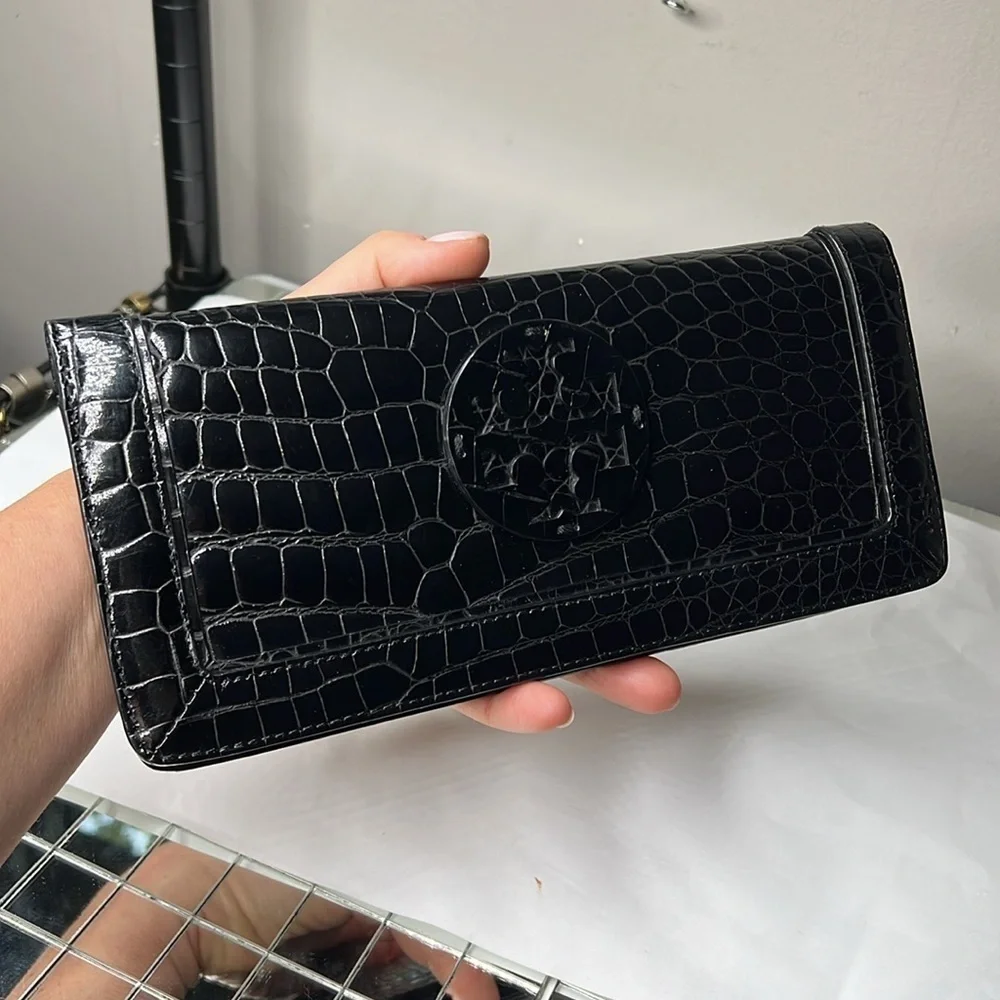 Tory Burch Large Croc Embossed Leather Wallet Clutch Bag
